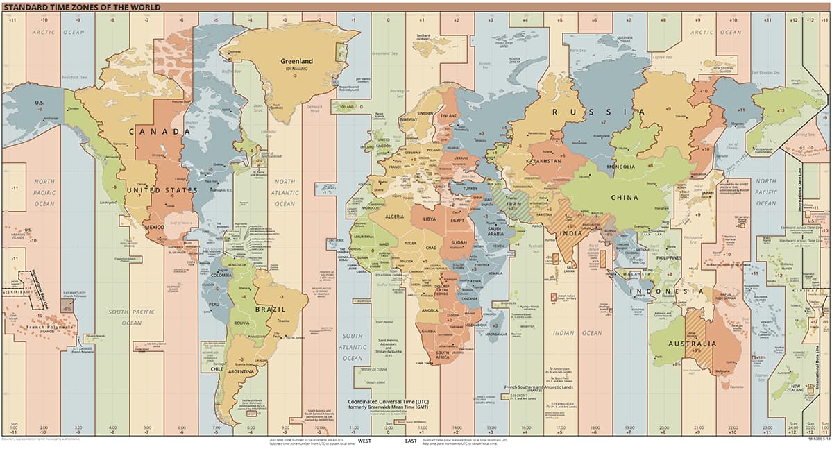 Weltkarte mit Zeitzonen: Zeitverschiebung auf dem Globus / der Weltkugel